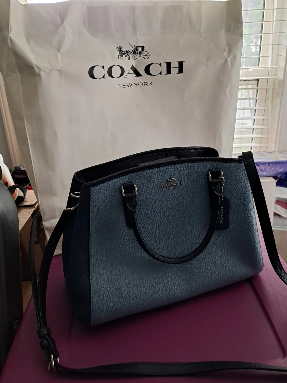 Coach‎ Margot Carryall Light Blue and Black Leather Satchel with Tag